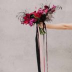 Flora Nova Design Seattle Luxe JM Cellars Wedding. Moody Bridal Bouquet, Burgundy, Red, Black, Amaryllis, Orchid, Garden Rose, Gothic