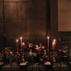 Flora Nova Design Seattle Luxe JM Cellars Wedding. Reception Tables: Taper Candles, Romantic, Moody, Gothic, Houndstooth Linens, Leather Table Runners
