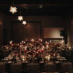 Flora Nova Design Seattle Luxe JM Cellars Wedding. Reception Tables: Taper Candles, Romantic, Moody, Gothic, Houndstooth Linens, Leather Table Runners
