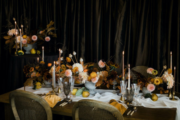 Beautiful Thanksgiving table with fresh floral centerpieces, wooden table, Provence chairs, taper candles, specialty linens, brown draping - Decorating for the Holidays - FLORA NOVA DESIGN SEATTLE