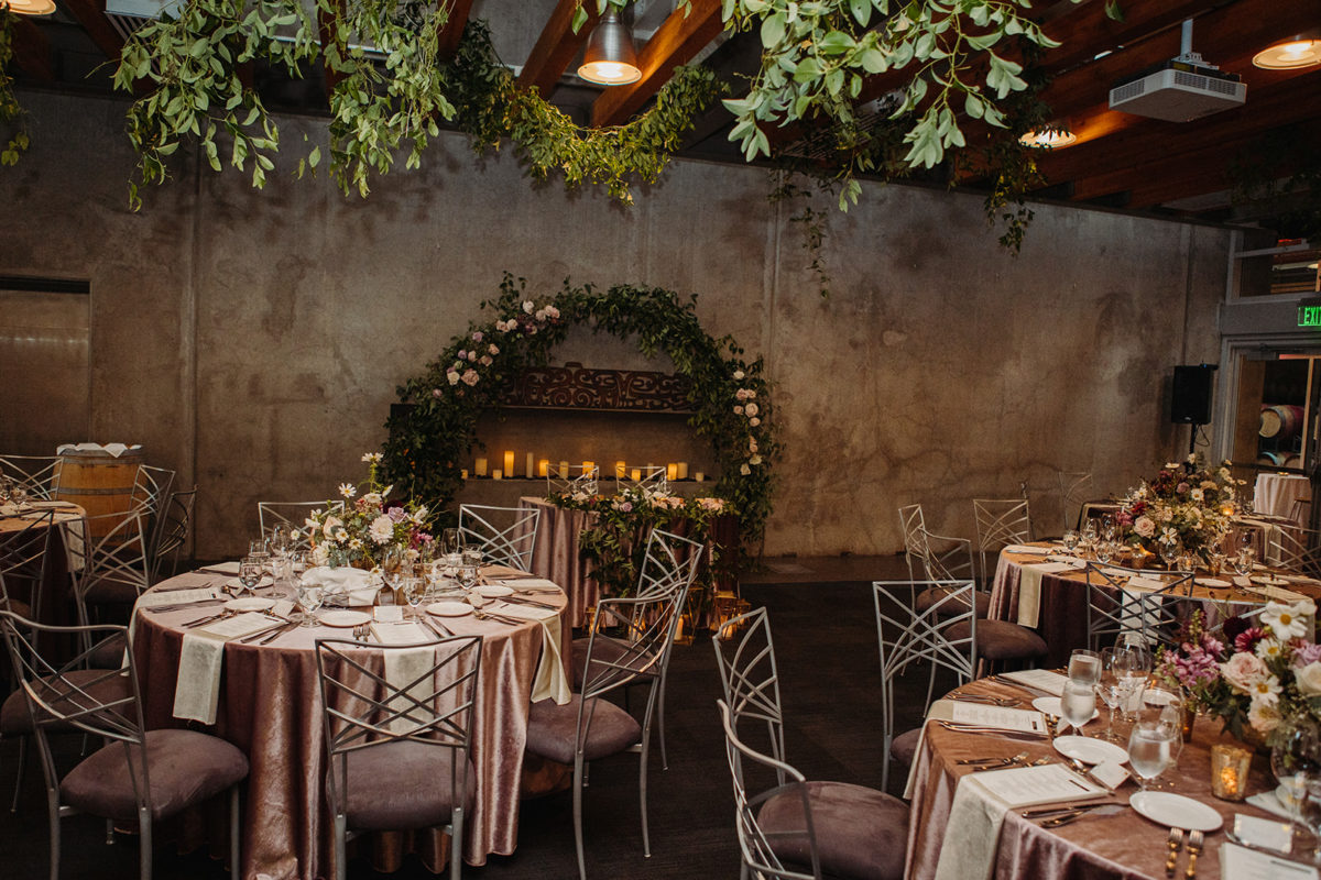 Novelty Hill Winery wedding reception with blush velvet linens, silver chameleon chairs, ceiling greenery, and centerpieces in ivory and burgundy