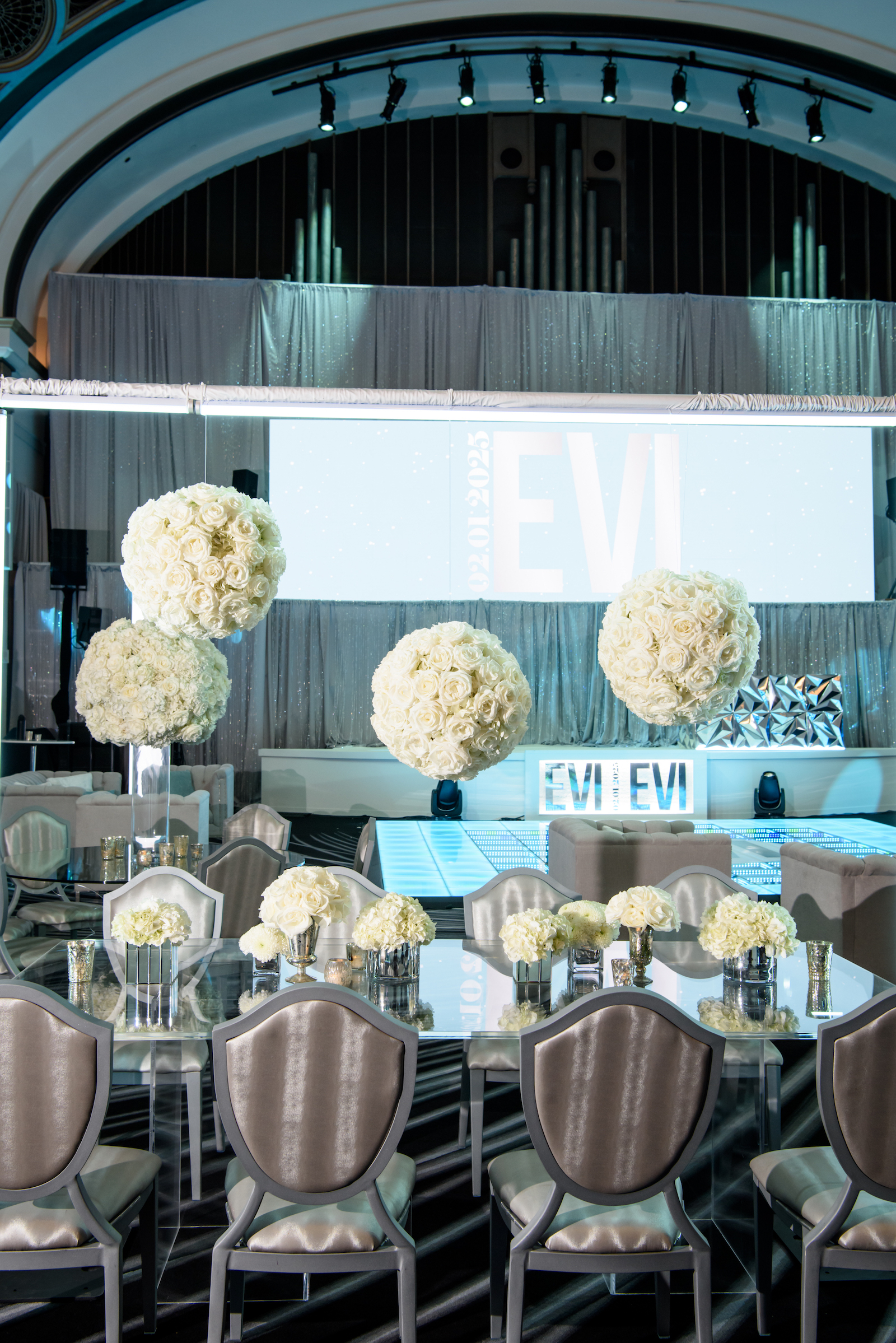 Grand white floral display with elevated rose spheres and mirrored tables at glamorous Lotte Hotel Seattle Bat Mitzvah